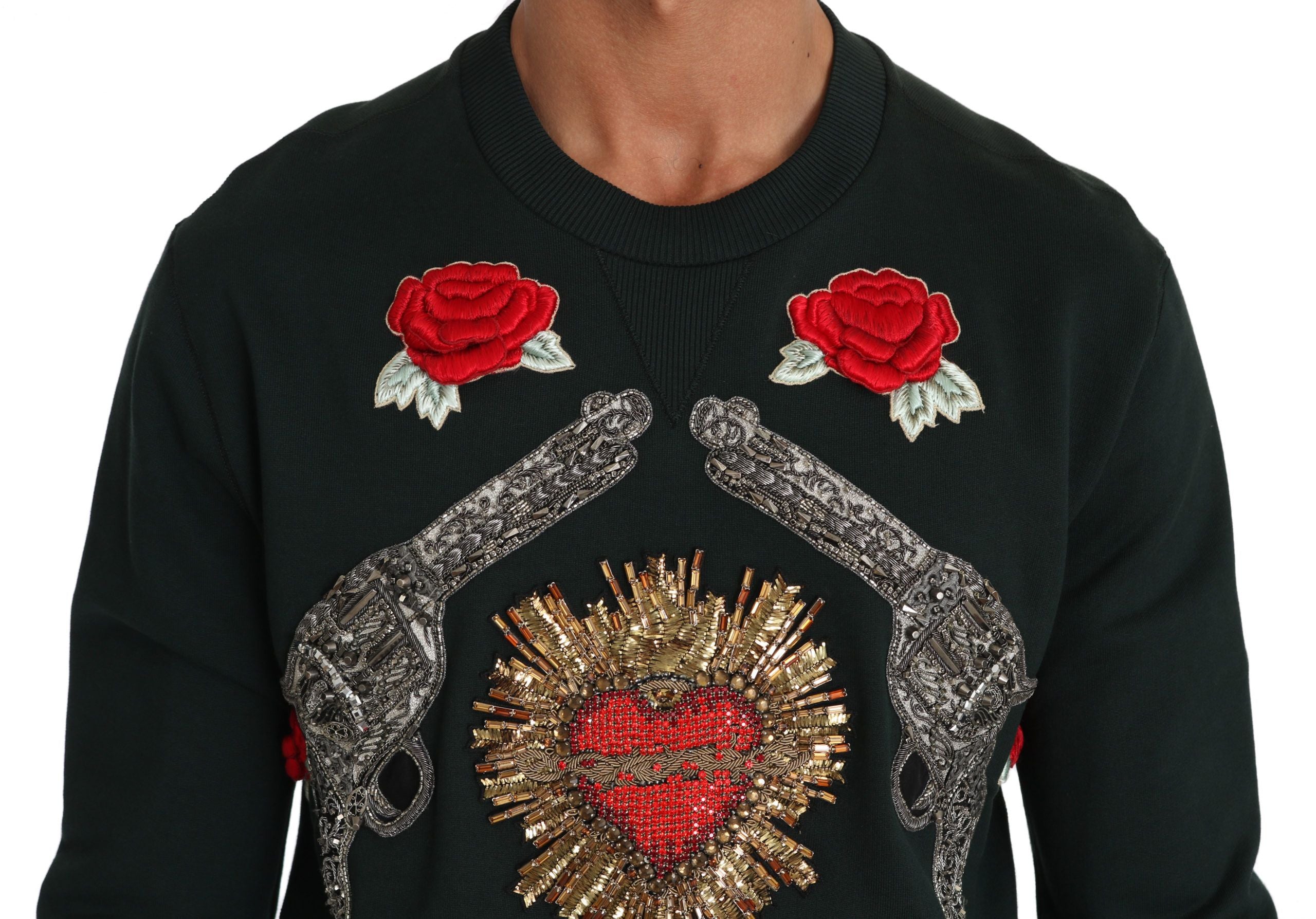 Dolce & Gabbana Green Crystal Heart Roses Gun Sweater - Zeiniez