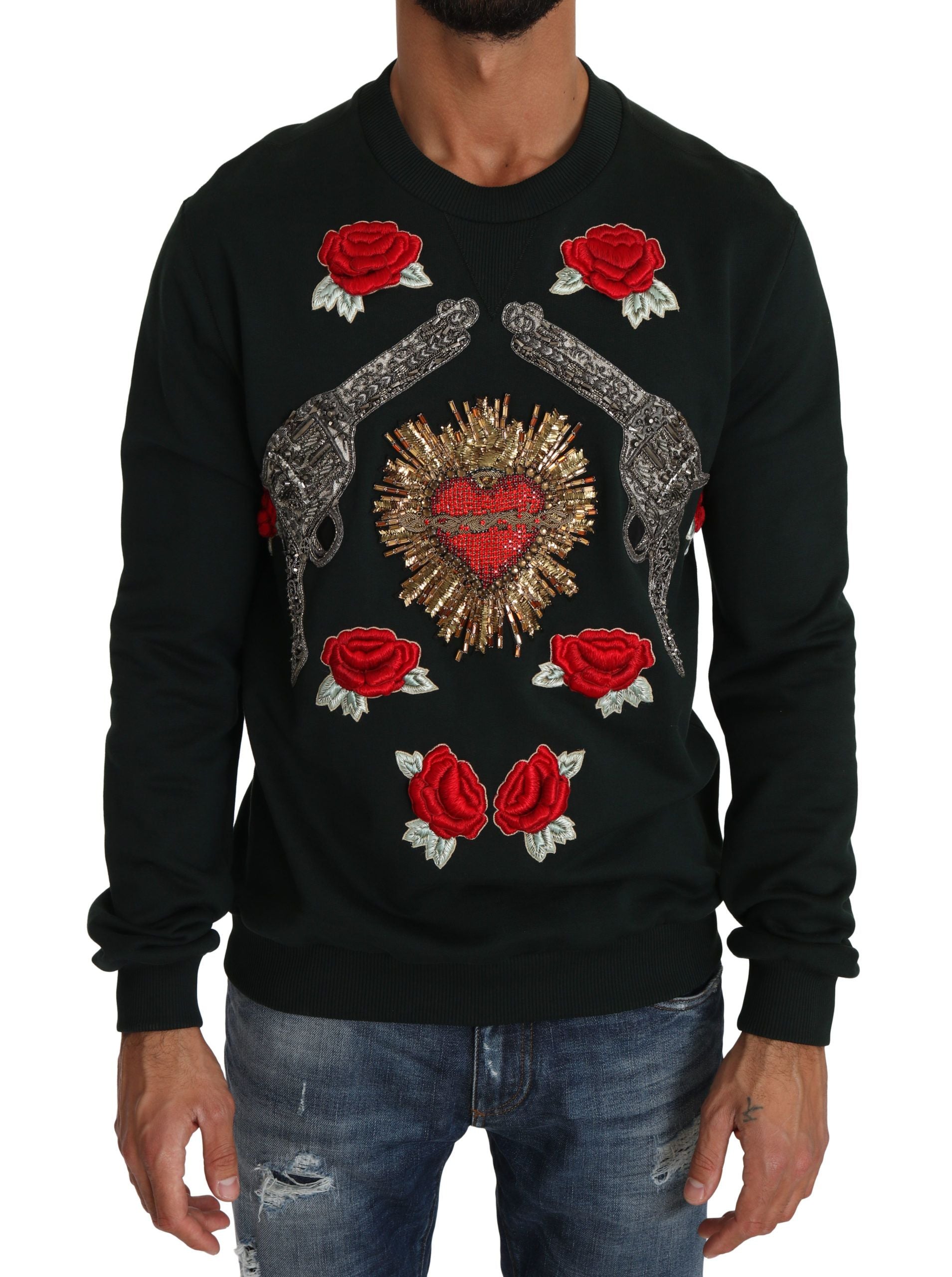 Dolce & Gabbana Green Crystal Heart Roses Gun Sweater - Zeiniez