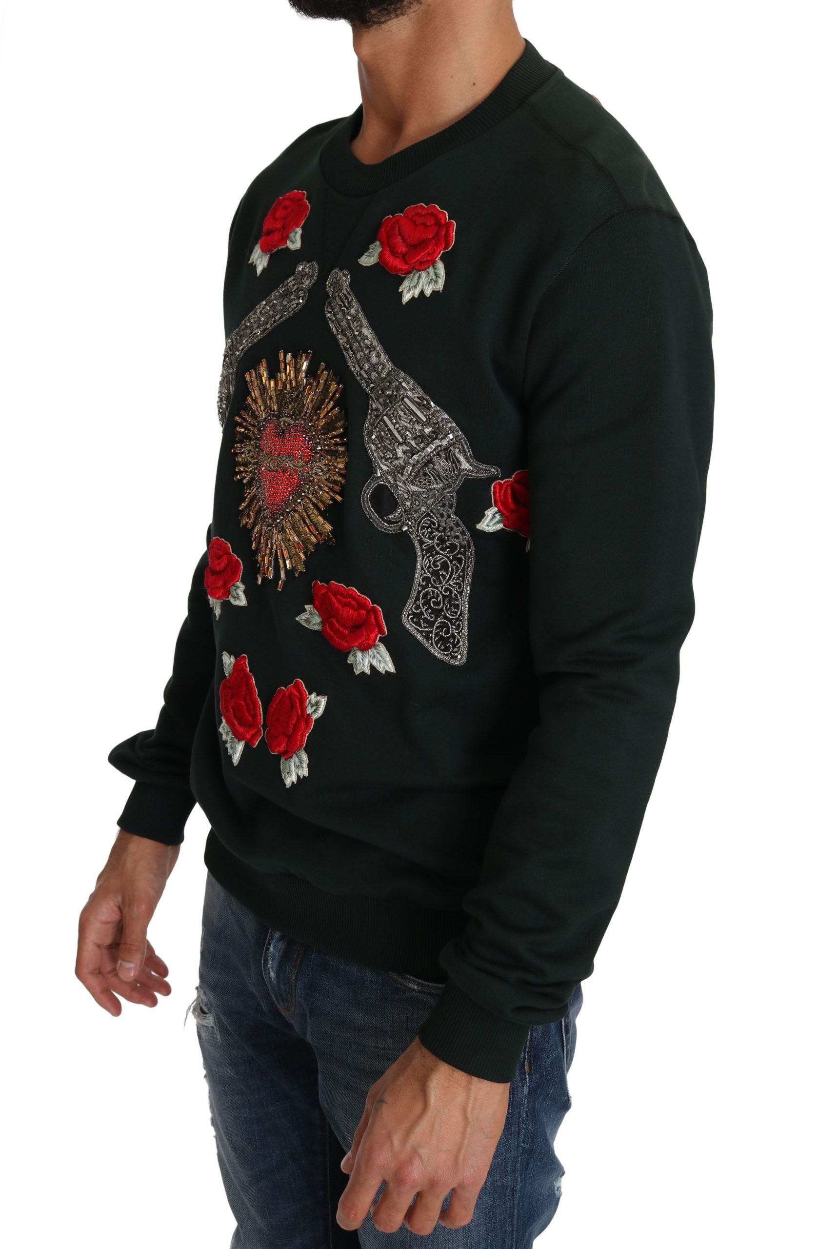 Dolce & Gabbana Green Crystal Heart Roses Gun Sweater - Zeiniez