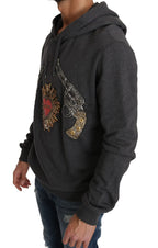 Dolce & Gabbana Gray Hooded Red Crystal Heart Gun Sweater - Zeiniez