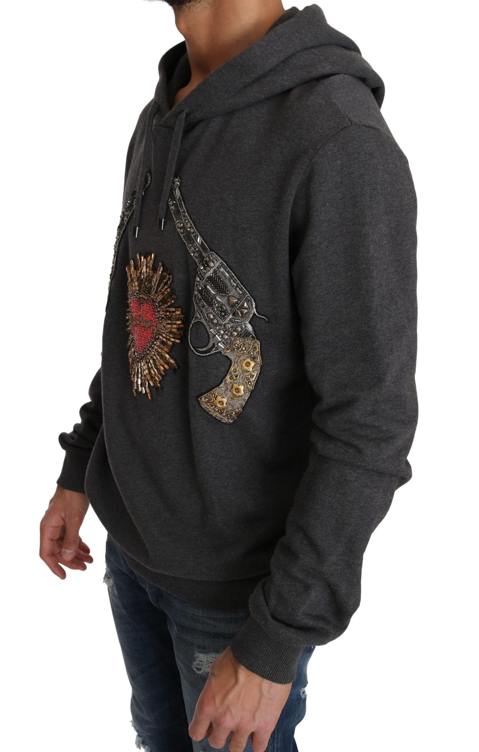 Dolce & Gabbana Gray Hooded Red Crystal Heart Gun Sweater - Zeiniez