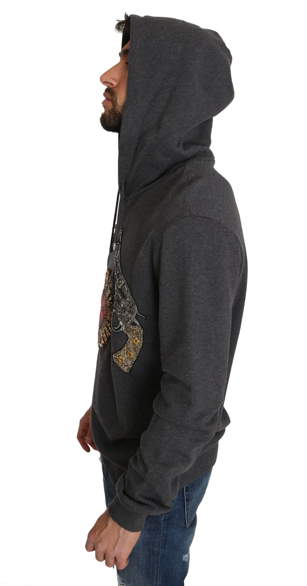 Dolce & Gabbana Gray Hooded Red Crystal Heart Gun Sweater - Zeiniez