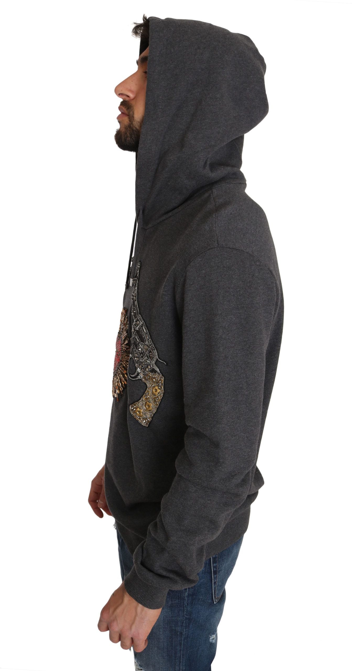 Dolce & Gabbana Gray Hooded Red Crystal Heart Gun Sweater - Zeiniez