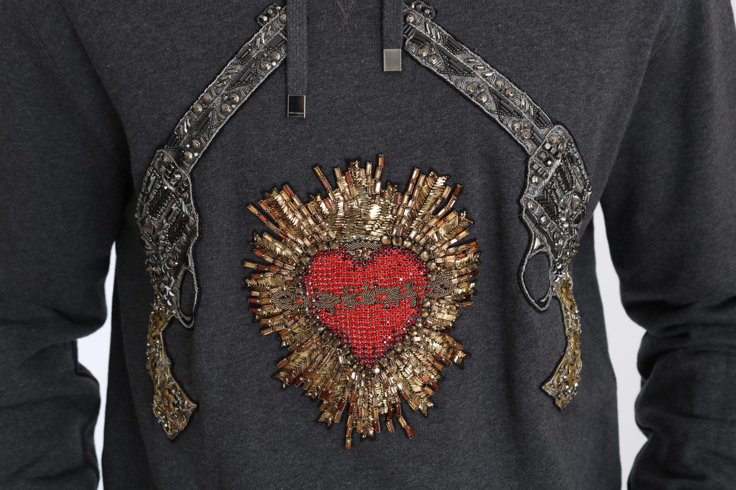 Dolce & Gabbana Gray Hooded Red Crystal Heart Gun Sweater - Zeiniez