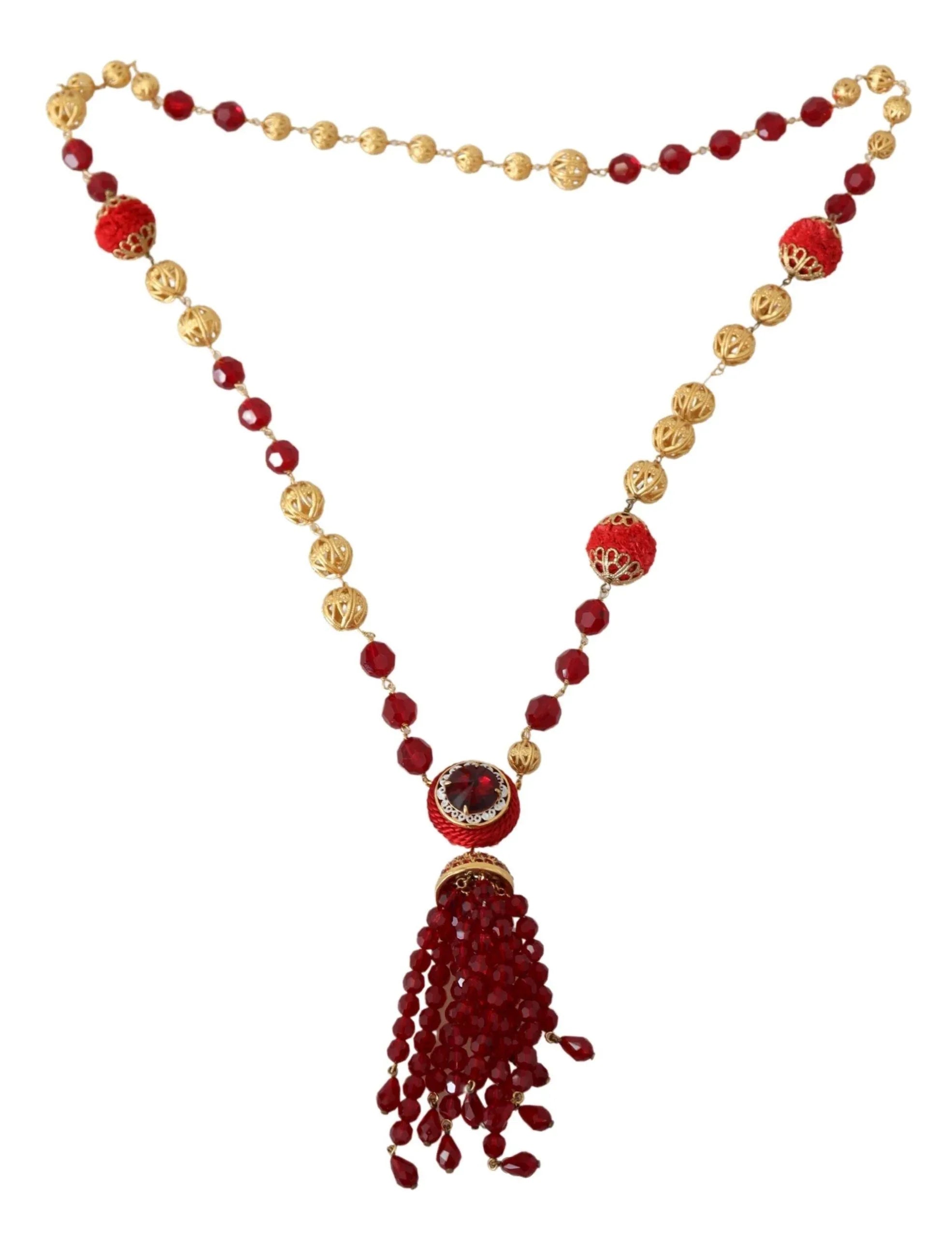 Dolce & Gabbana Gold Tone Brass Red Crystals Pendant Opera Chain Necklace - Zeiniez