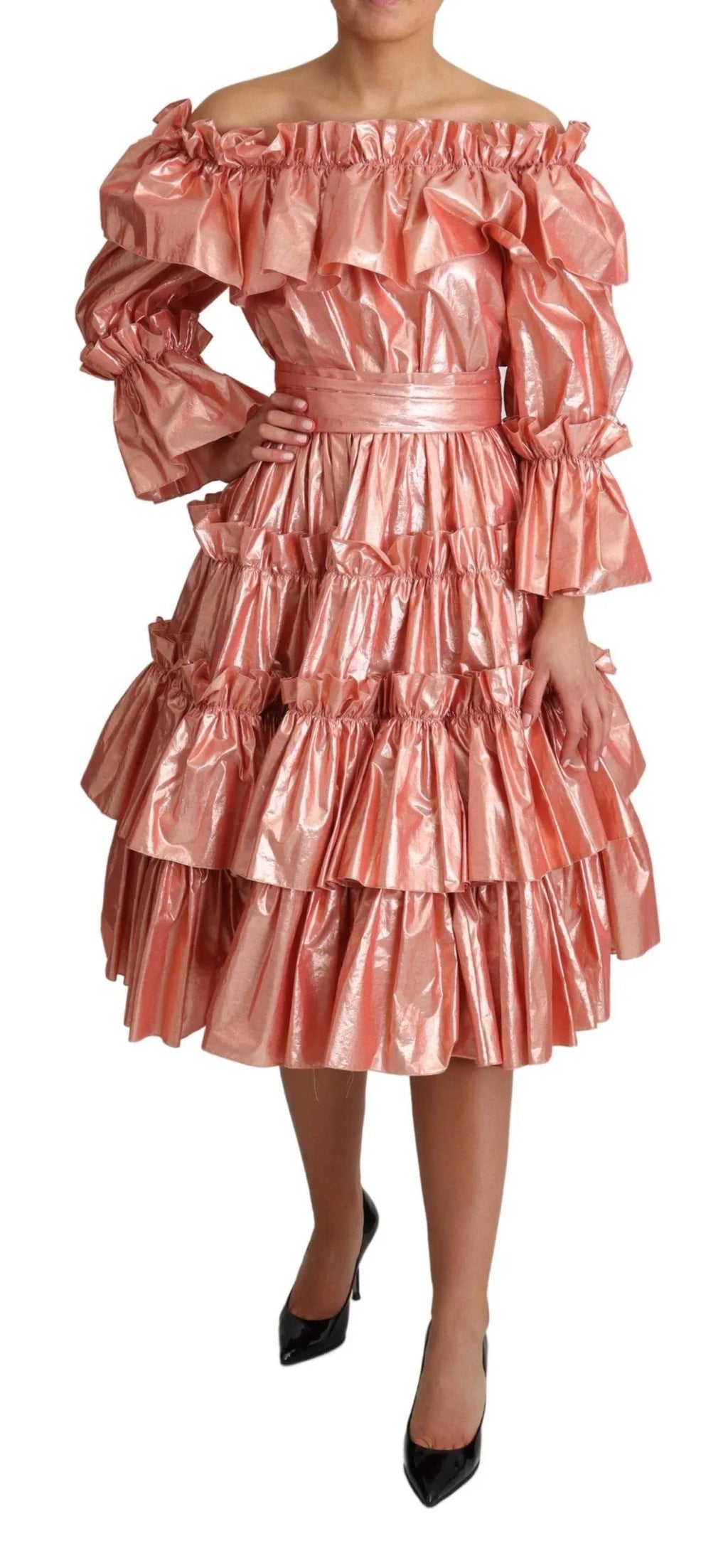 Dolce & Gabbana Pink Ruffled Dress Silk Cotton Gown Dress - Zeiniez