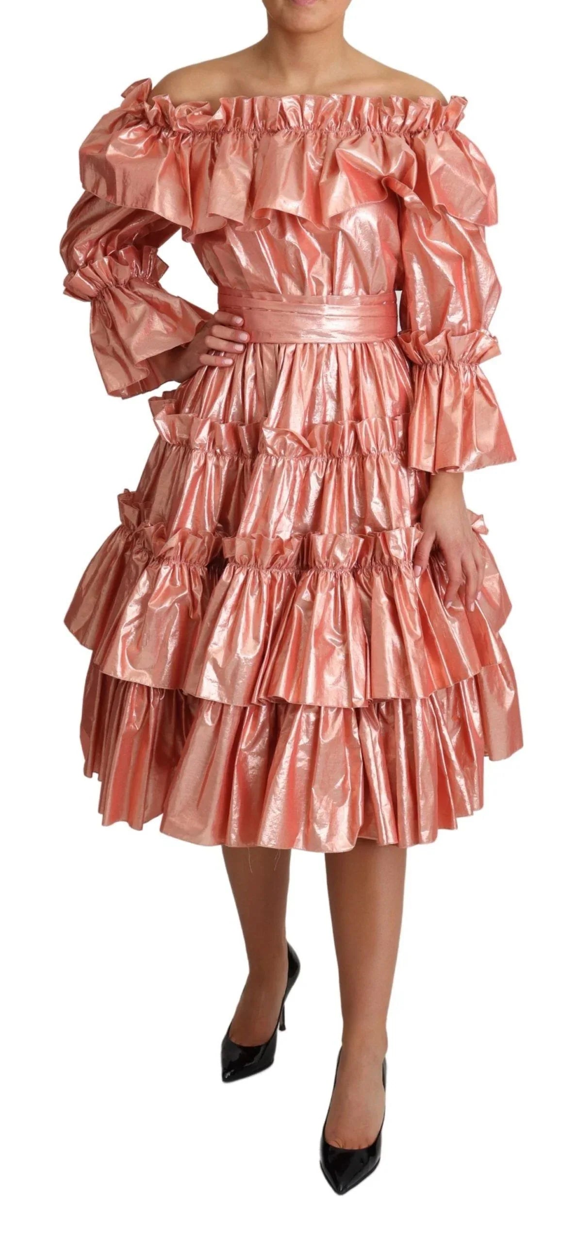 Dolce & Gabbana Pink Ruffled Dress Silk Cotton Gown Dress - Zeiniez