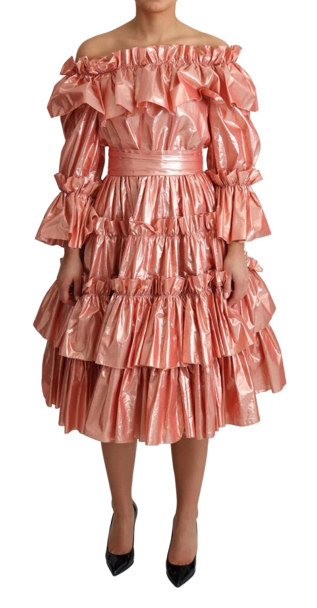 Dolce & Gabbana Pink Ruffled Dress Silk Cotton Gown Dress - Zeiniez