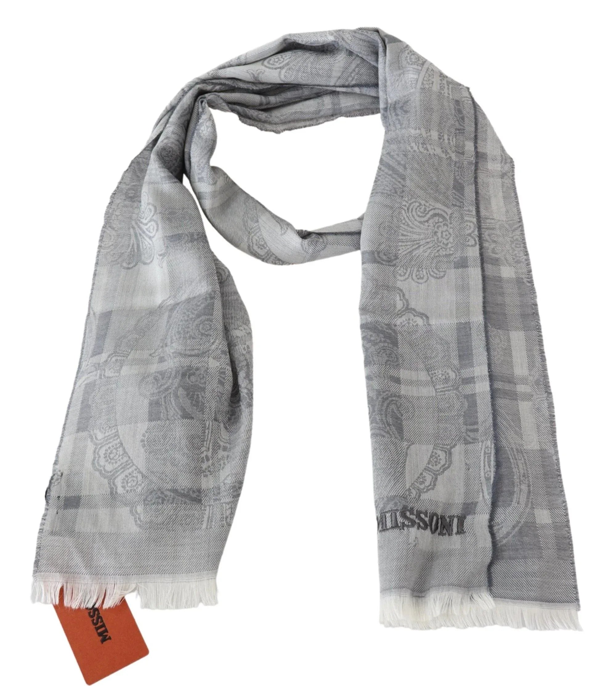 Missoni Gray Floral Wool Unisex Neck Wrap Fringes Scarf - Zeiniez