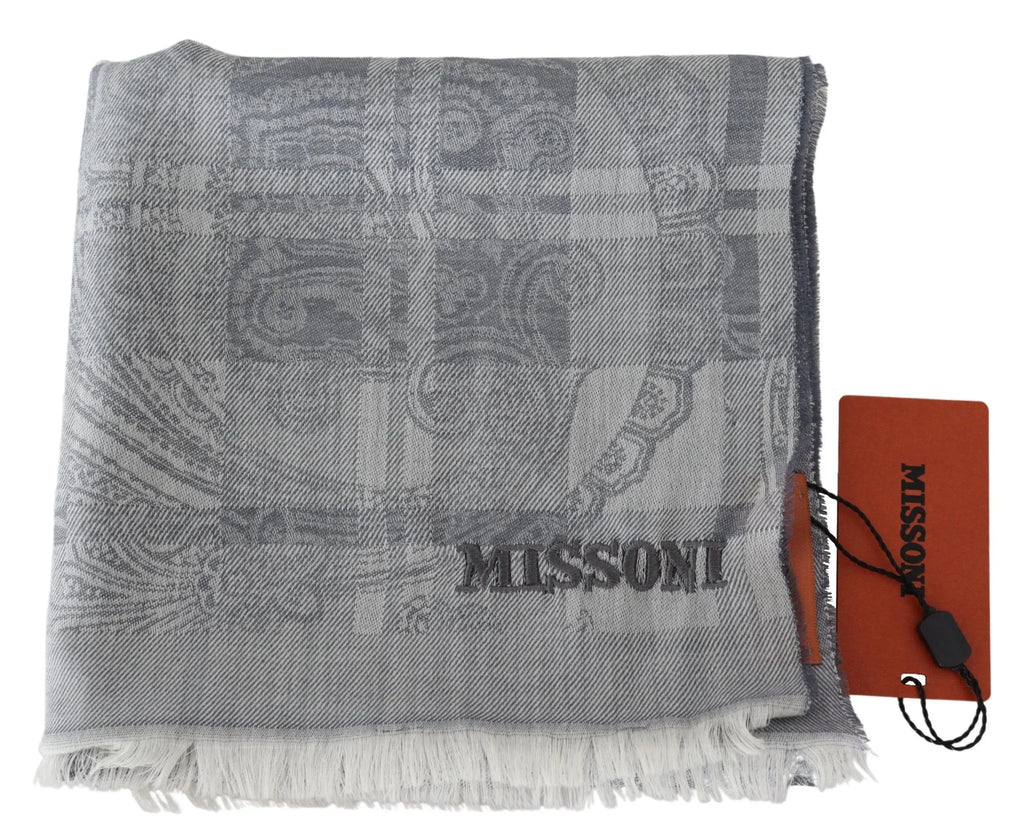 Missoni Gray Floral Wool Unisex Neck Wrap Fringes Scarf - Zeiniez