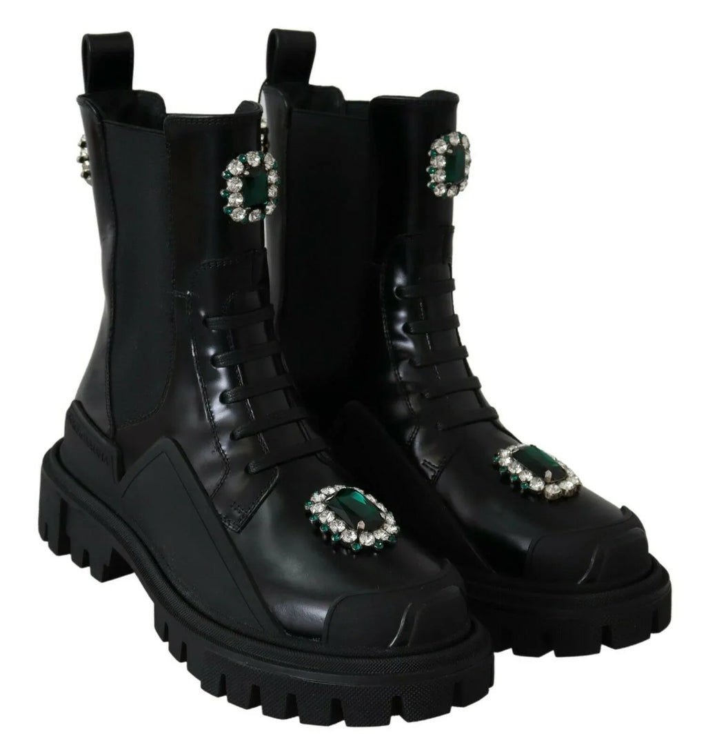 Dolce & Gabbana Black Leather Crystal Combat Boots - Zeiniez