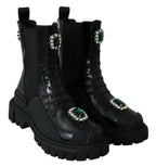 Dolce & Gabbana Black Leather Crystal Combat Boots - Zeiniez