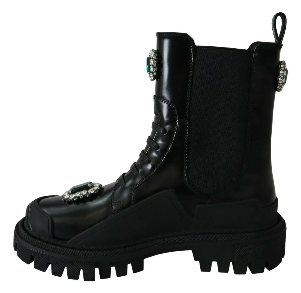 Dolce & Gabbana Black Leather Crystal Combat Boots - Zeiniez