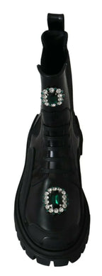 Dolce & Gabbana Black Leather Crystal Combat Boots - Zeiniez