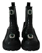 Dolce & Gabbana Black Leather Crystal Combat Boots - Zeiniez
