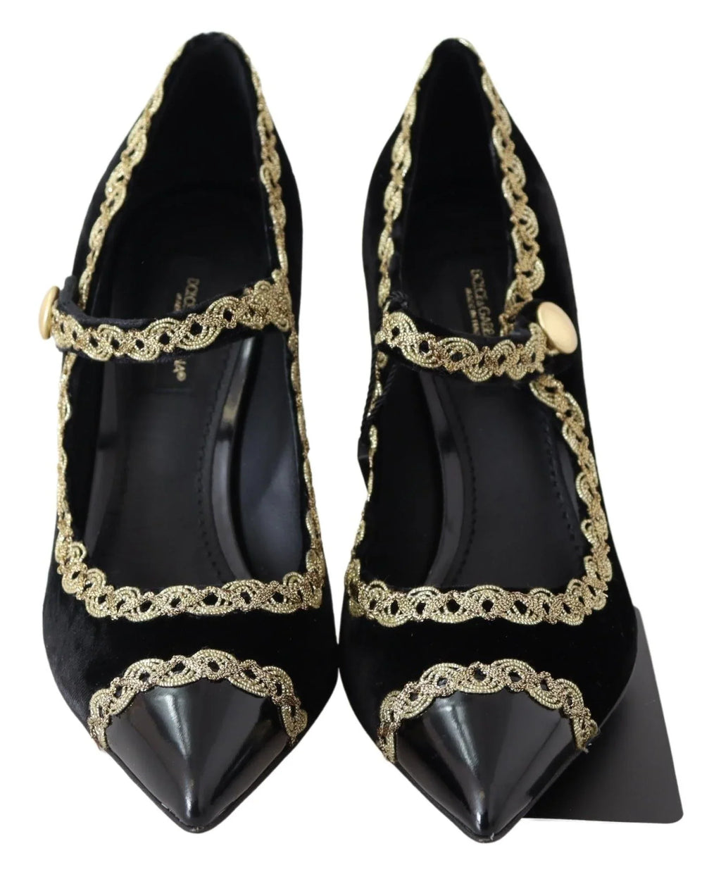 Dolce & Gabbana Black Velvet Gold Mary Janes Pumps - Zeiniez