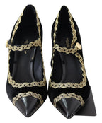 Dolce & Gabbana Black Velvet Gold Mary Janes Pumps - Zeiniez