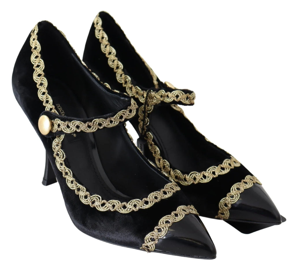 Dolce & Gabbana Black Velvet Gold Mary Janes Pumps - Zeiniez