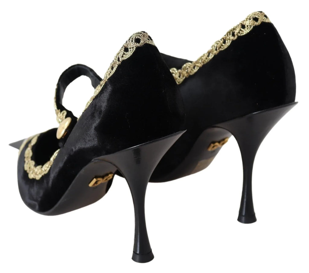 Dolce & Gabbana Black Velvet Gold Mary Janes Pumps - Zeiniez