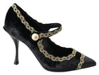 Dolce & Gabbana Black Velvet Gold Mary Janes Pumps - Zeiniez