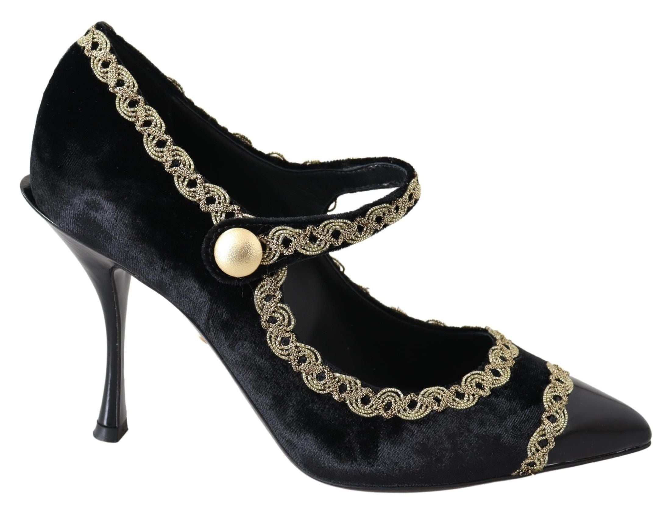 Dolce & Gabbana Black Velvet Gold Mary Janes Pumps - Zeiniez