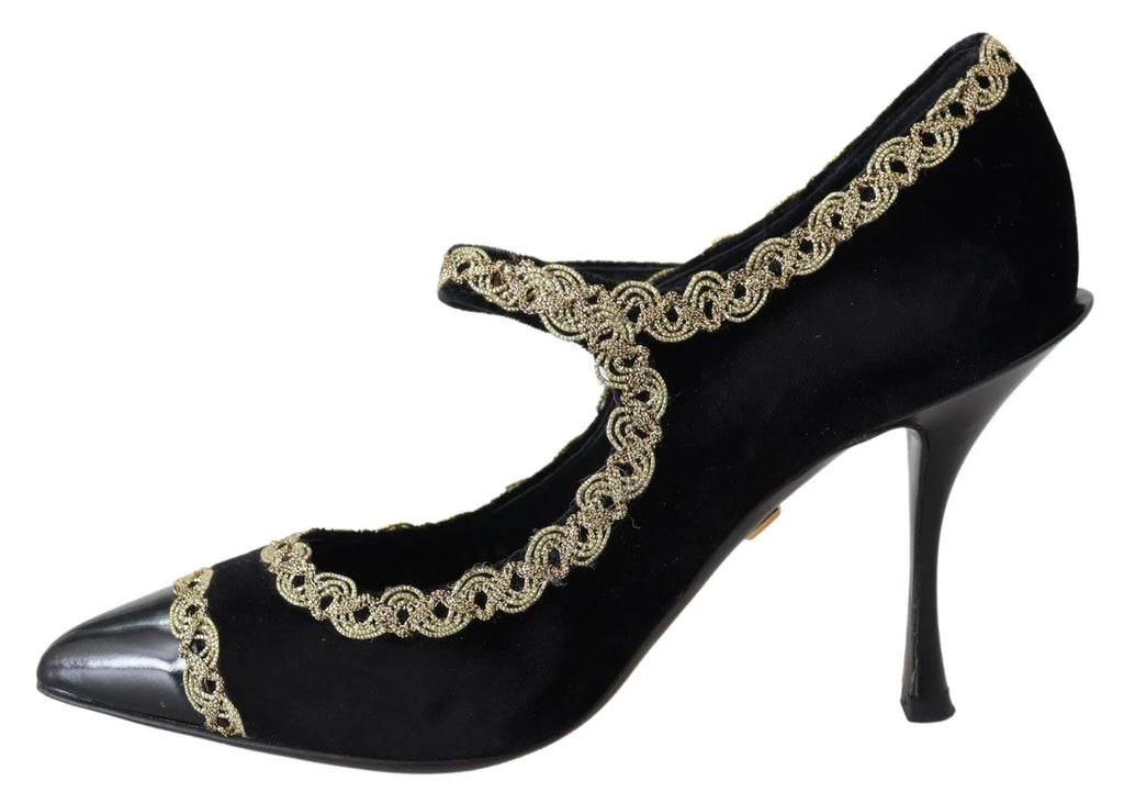 Dolce & Gabbana Black Velvet Gold Mary Janes Pumps - Zeiniez