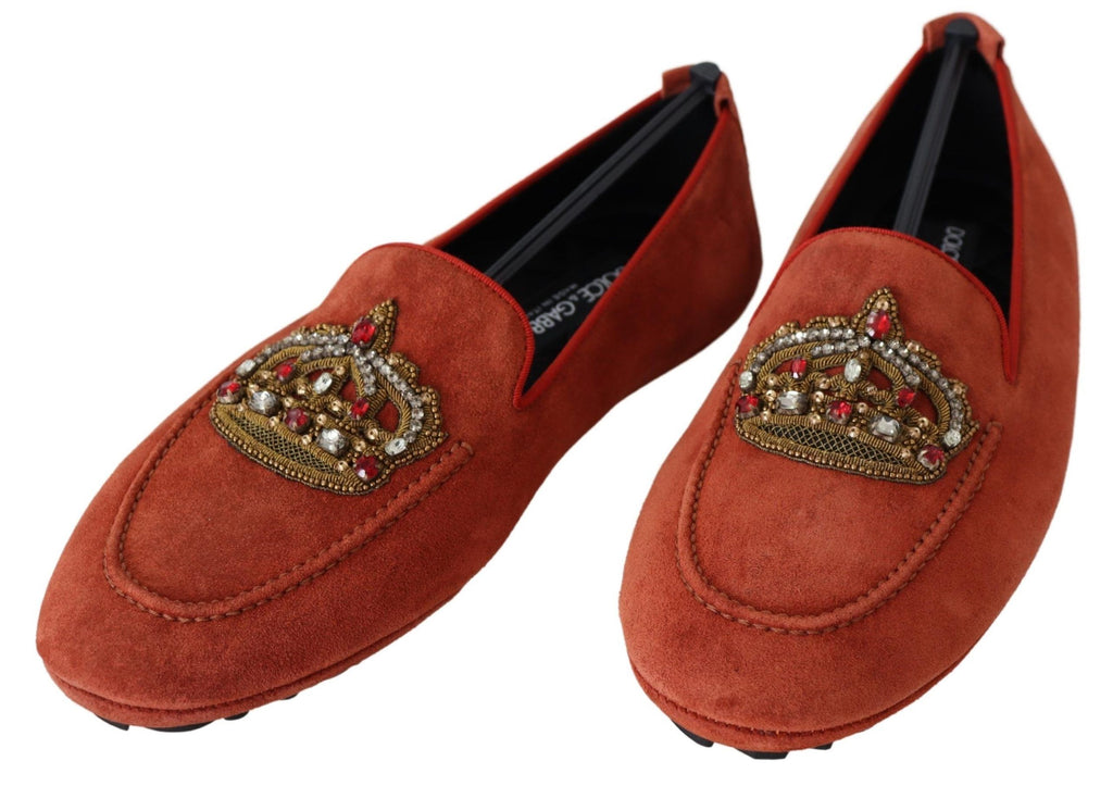 Dolce & Gabbana Orange Leather Crystal Crown  Loafers Shoes - Zeiniez