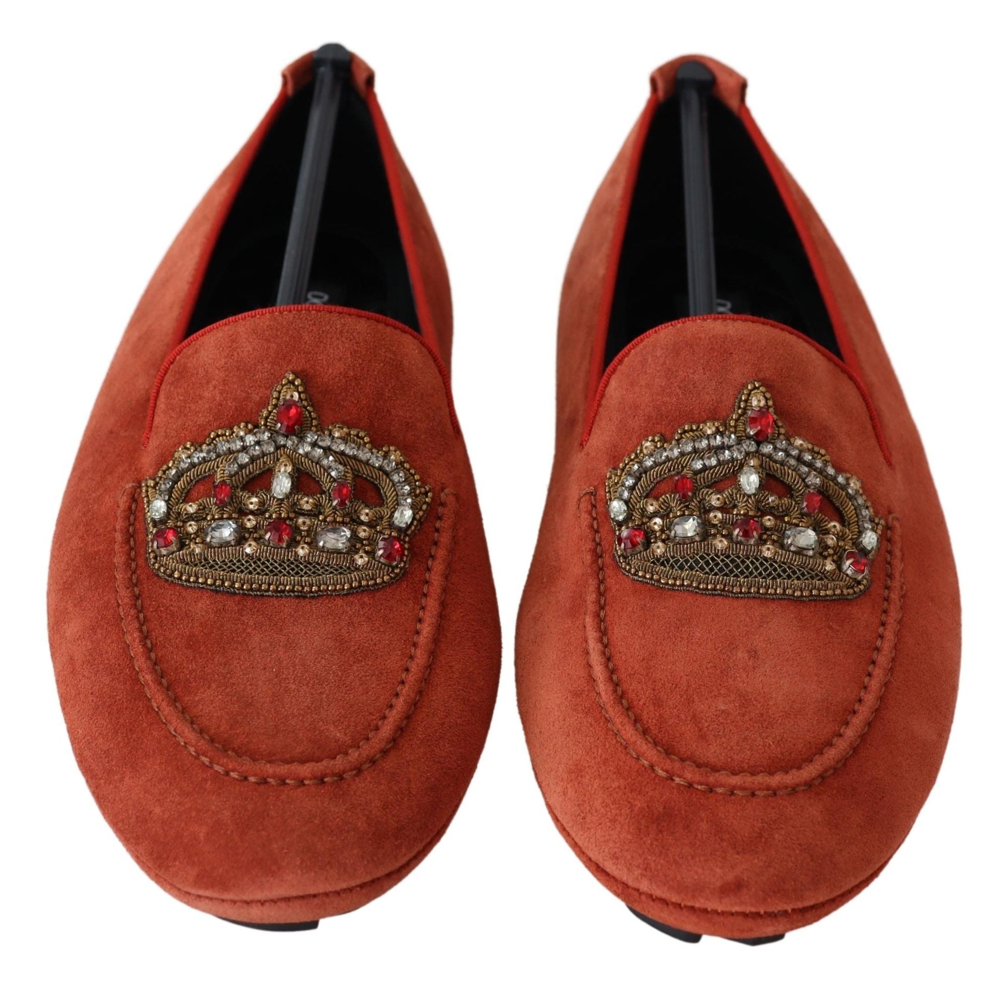 Dolce & Gabbana Orange Leather Crystal Crown  Loafers Shoes - Zeiniez