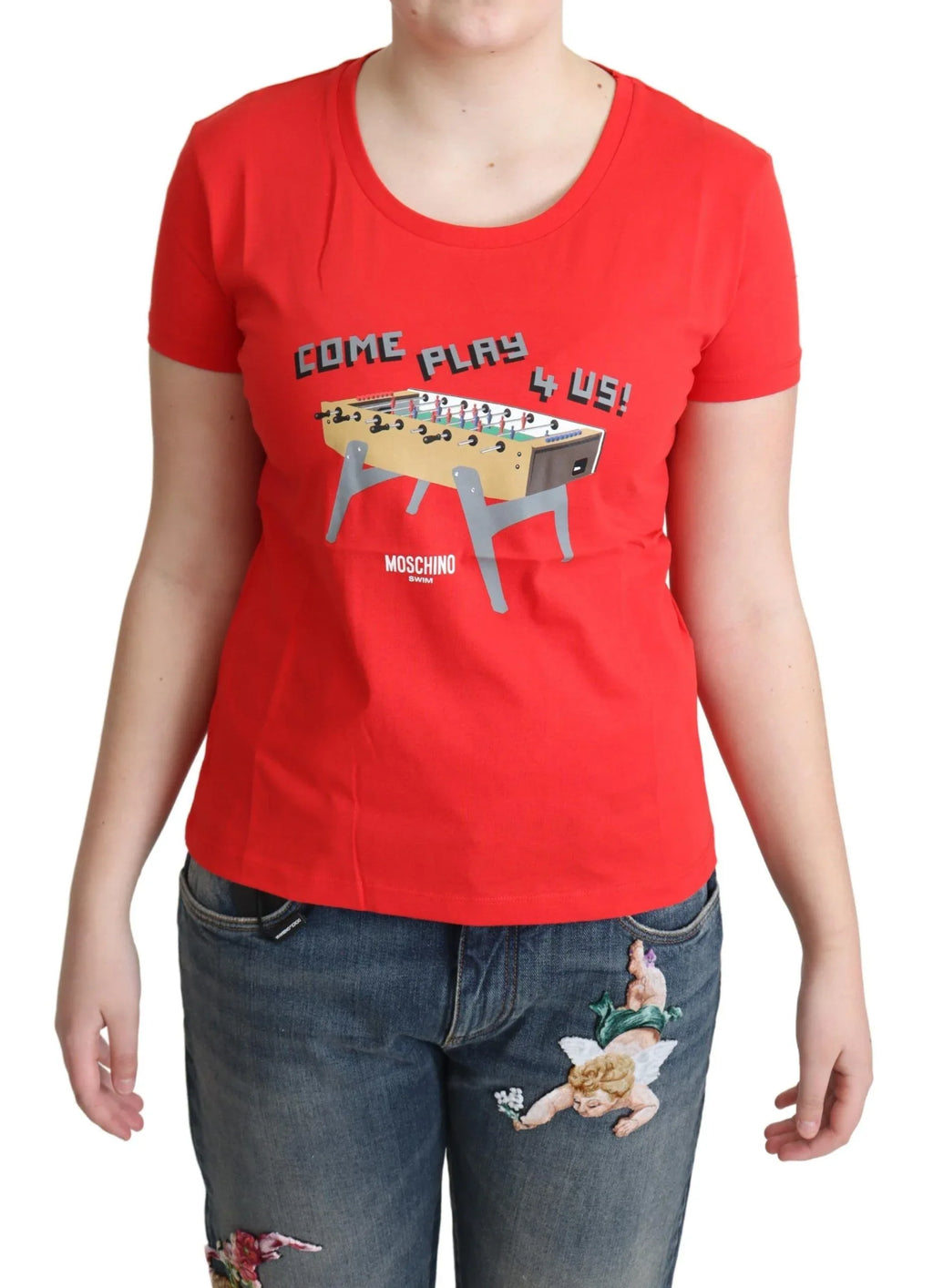 Moschino Red Cotton Come Play 4 Us Print Tops Blouse T-shirt - Zeiniez
