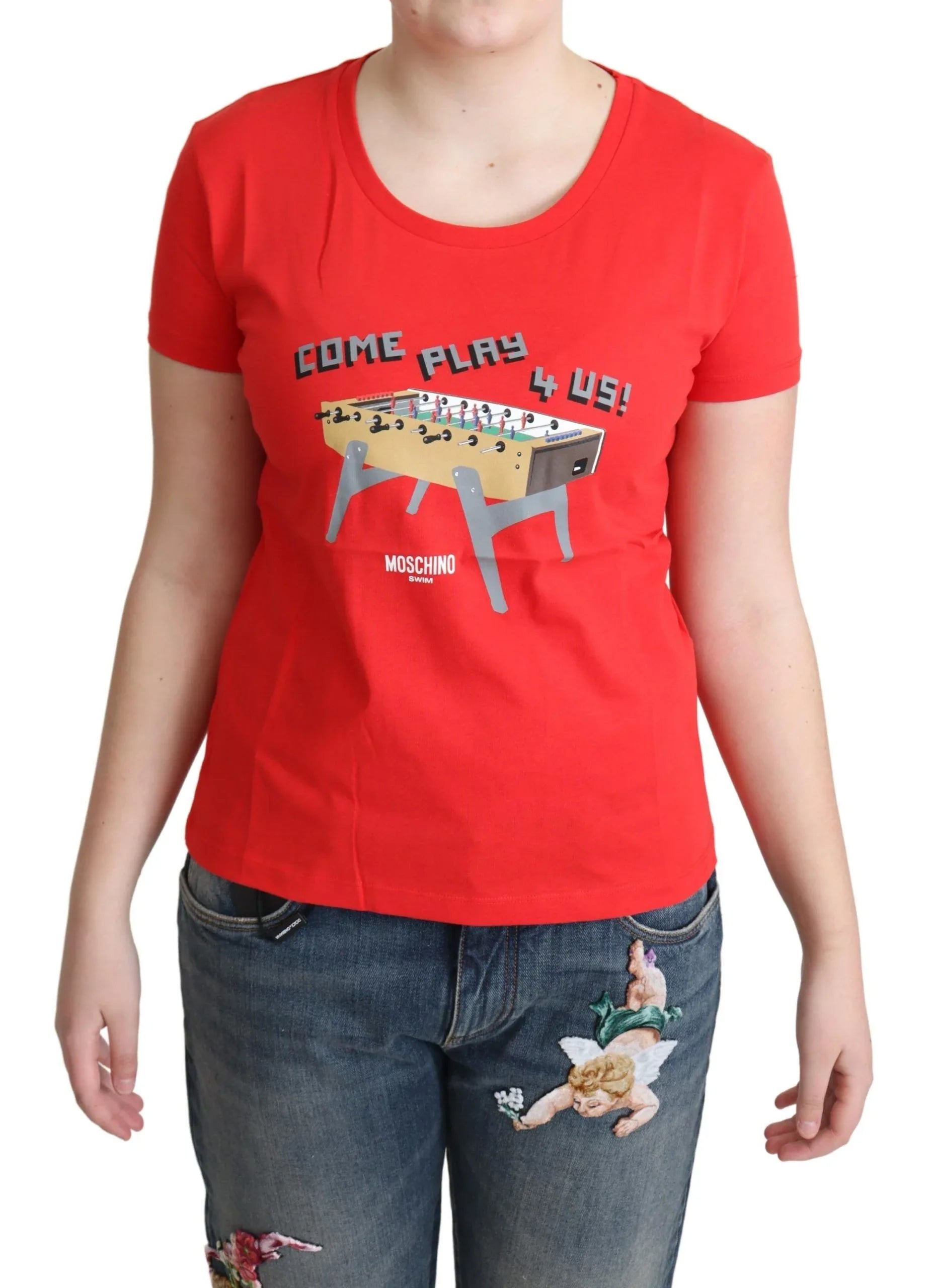 Moschino Red Cotton Come Play 4 Us Print Tops Blouse T-shirt - Zeiniez