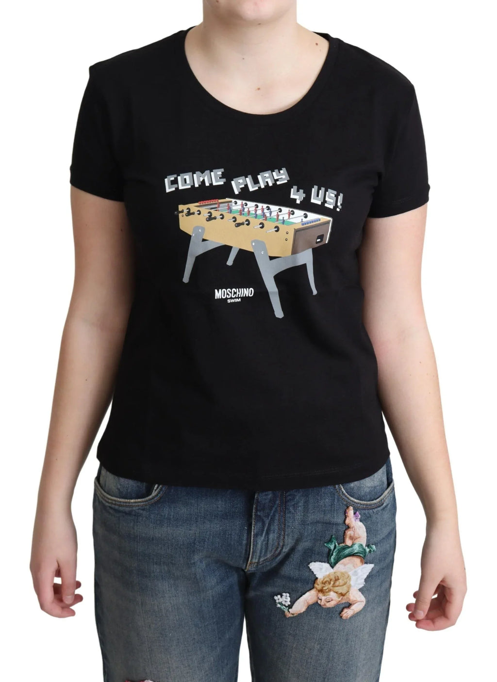 Moschino Black Cotton Come Play 4 Us Print Tops T-shirt - Zeiniez