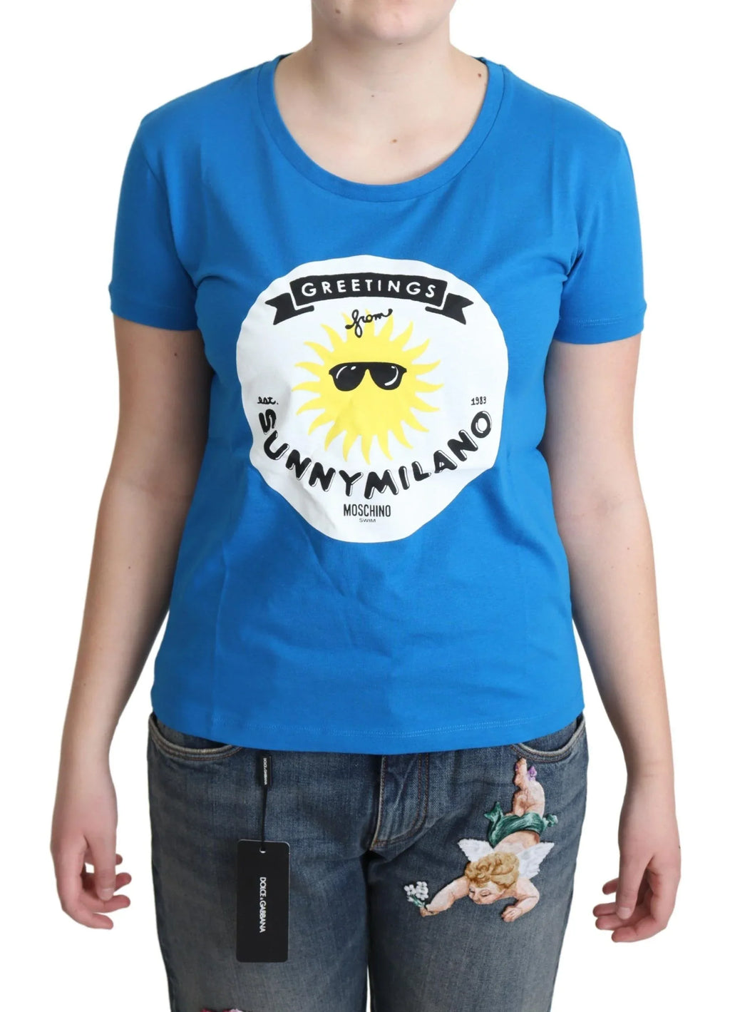 Moschino Blue Cotton Sunny Milano Print Tops T-shirt - Zeiniez
