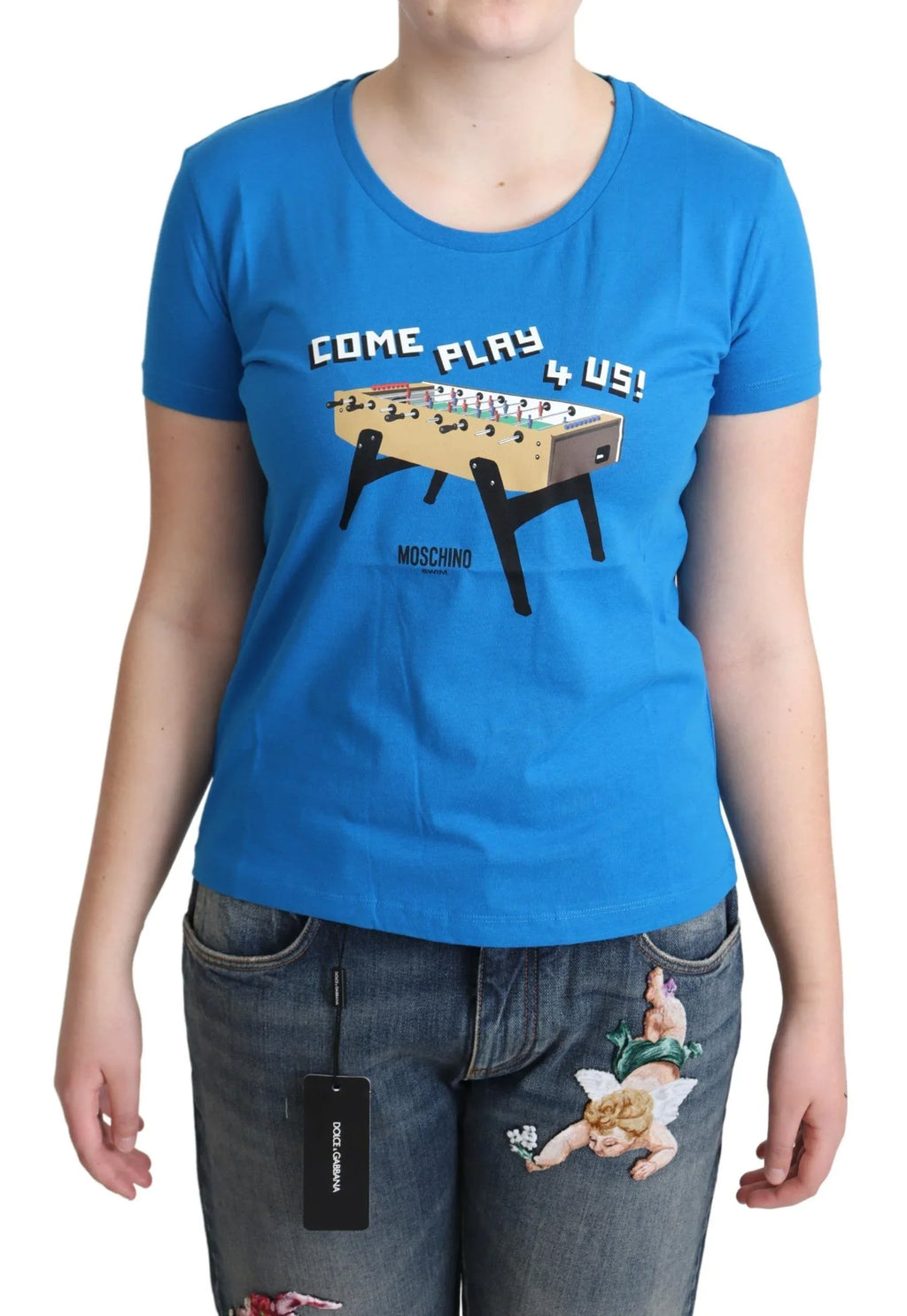 Moschino Blue Cotton Come Play 4 Us Print T-shirt - Zeiniez