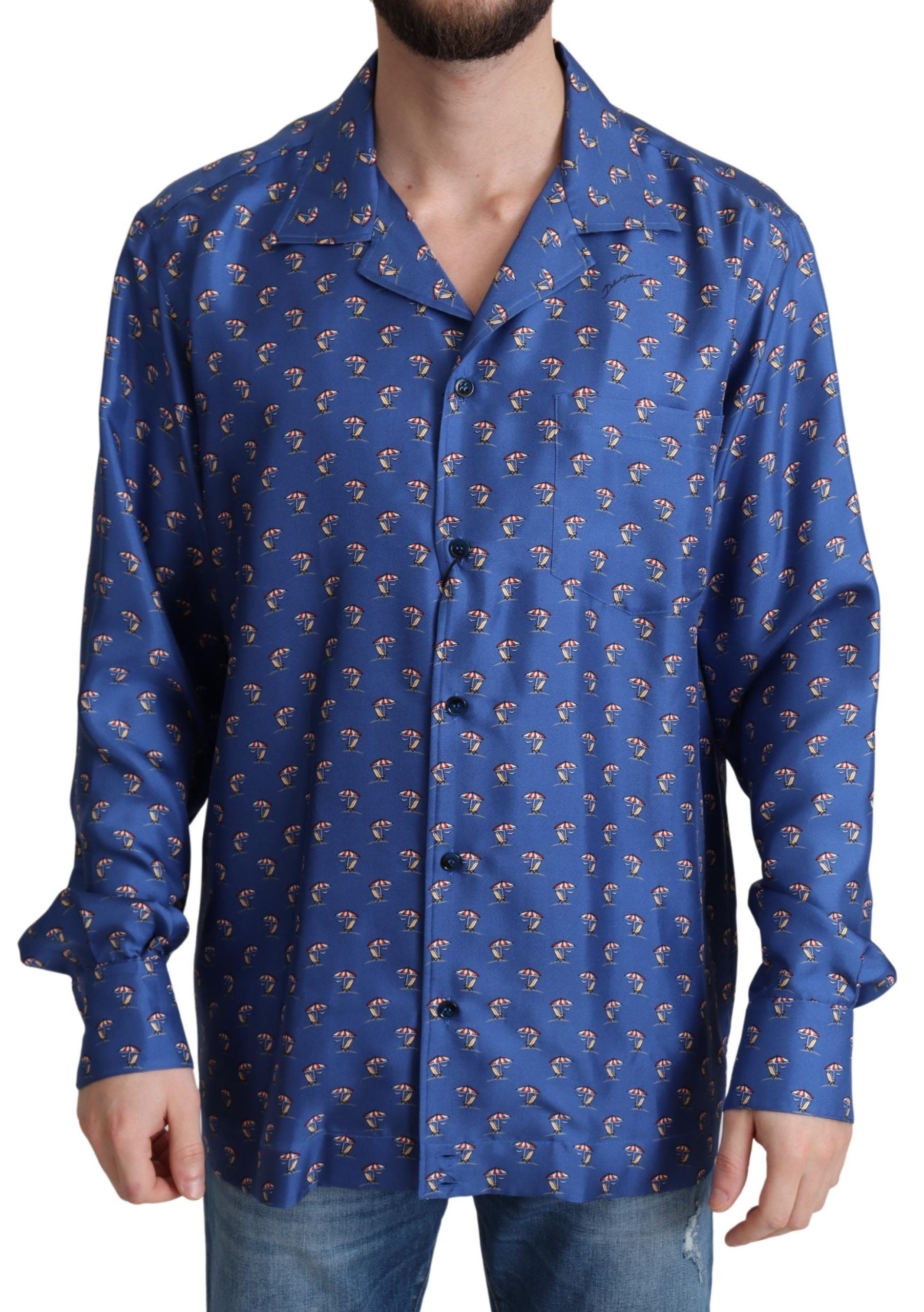 Dolce & Gabbana Blue Beach Chair Umbrella Print Silk Shirt - Zeiniez