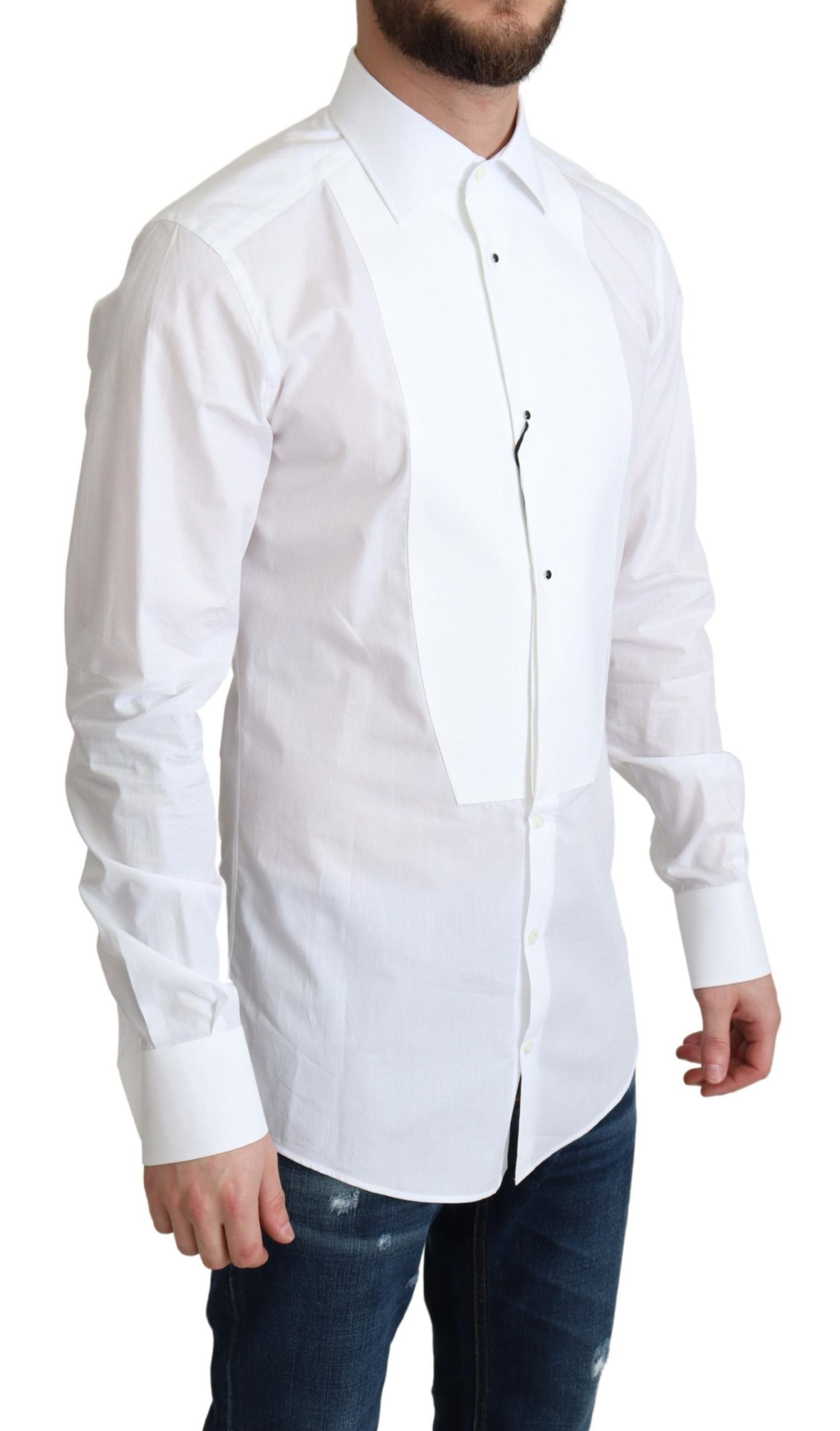 Dolce & Gabbana White Bib Cotton Poplin Men Formal Shirt - Zeiniez