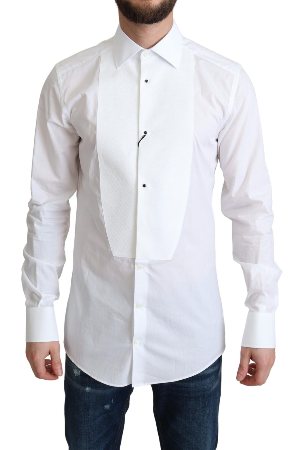 Dolce & Gabbana White Bib Cotton Poplin Men Formal Shirt - Zeiniez