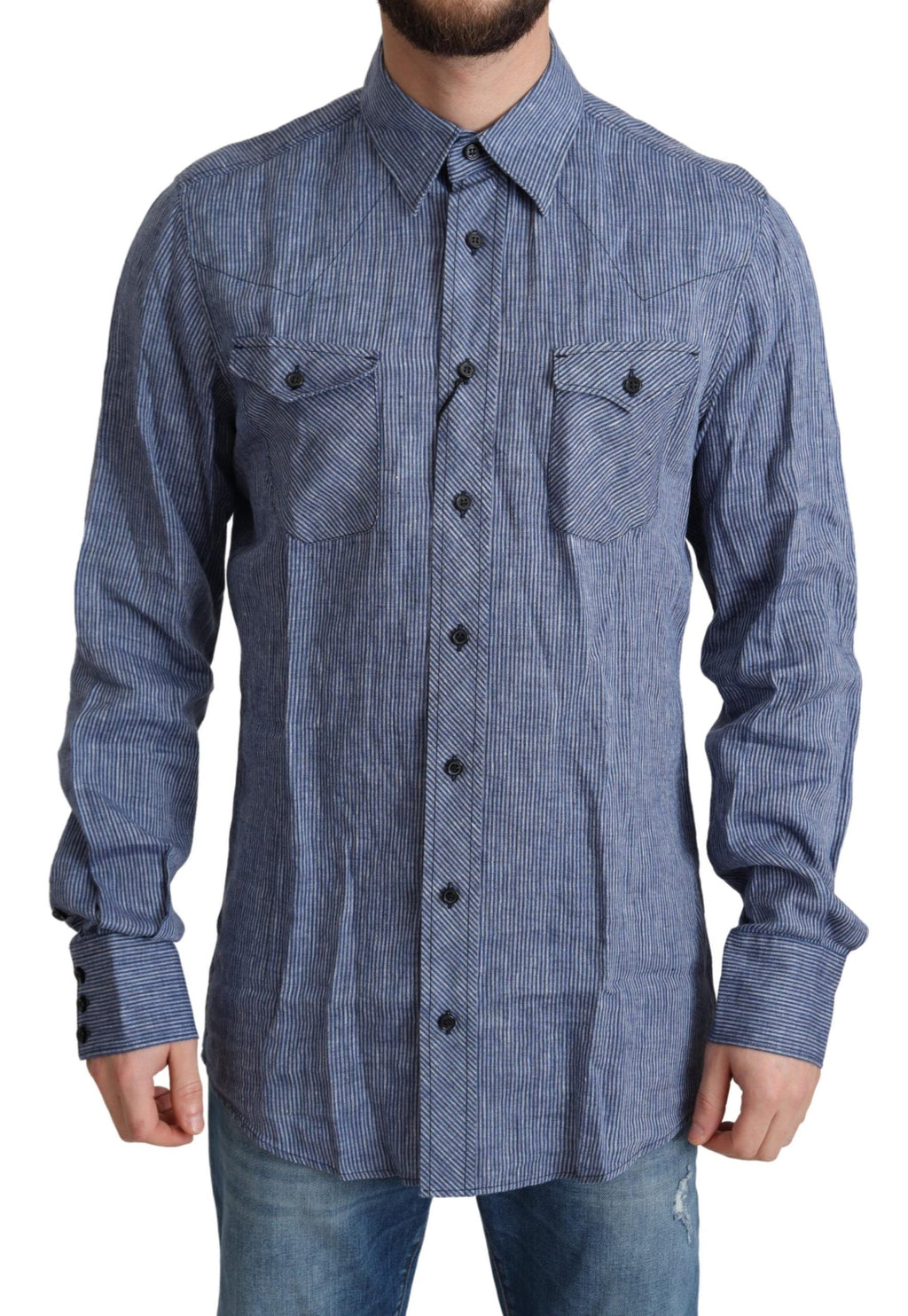Dolce & Gabbana Blue Stripes Men Casual Button Down Shirt - Zeiniez