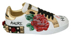 Dolce & Gabbana White Roses Sequined Crystal Womens Sneakers Shoes - Zeiniez