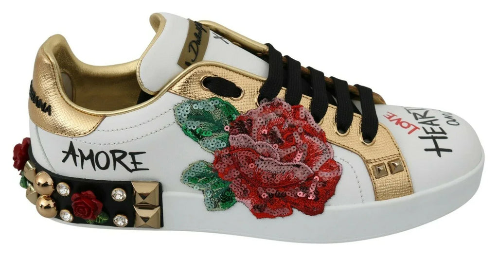 Dolce & Gabbana White Roses Sequined Crystal Womens Sneakers Shoes - Zeiniez