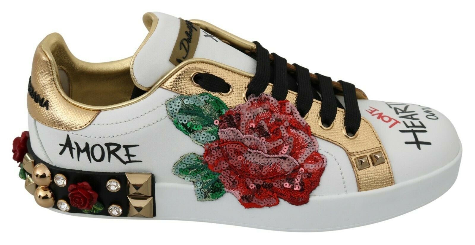 Dolce & Gabbana White Roses Sequined Crystal Womens Sneakers Shoes - Zeiniez