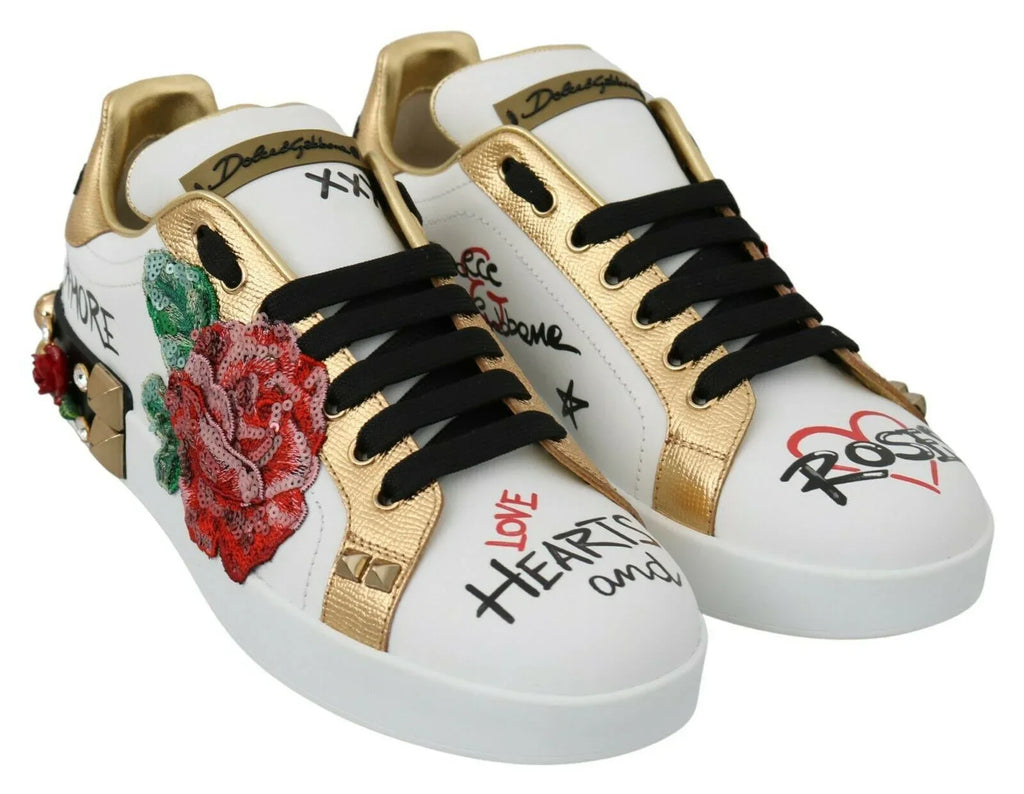 Dolce & Gabbana White Roses Sequined Crystal Womens Sneakers Shoes - Zeiniez