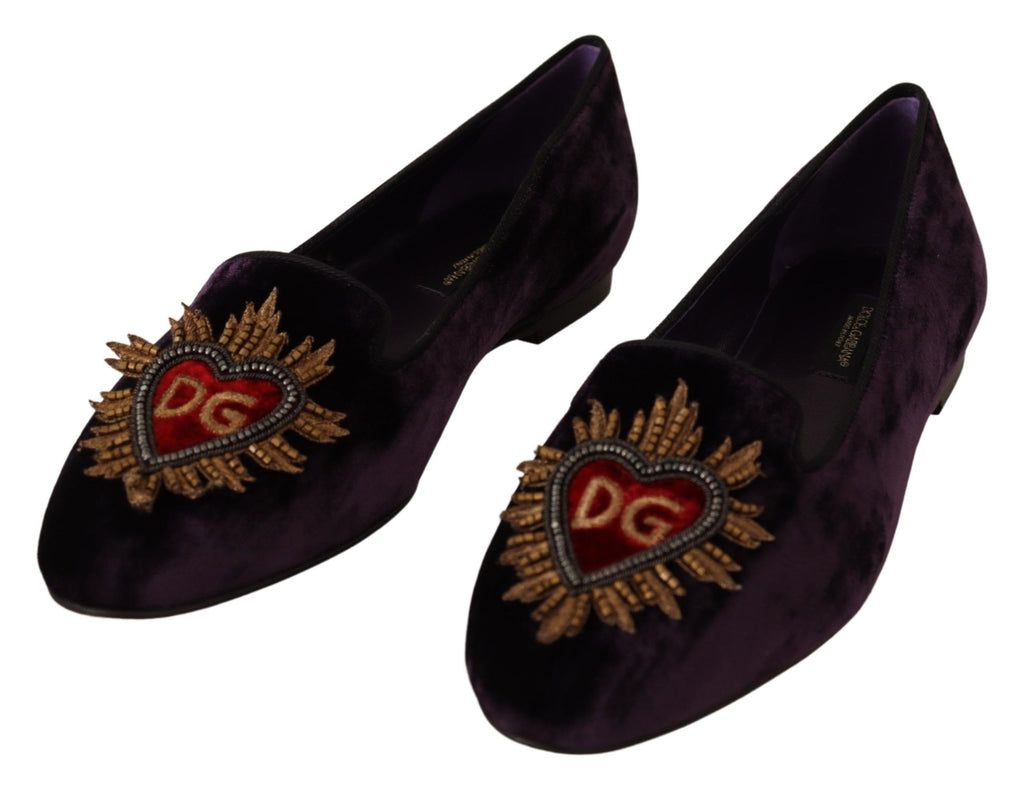 Dolce & Gabbana Purple Velvet DG Heart Loafers Flats Shoes - Zeiniez