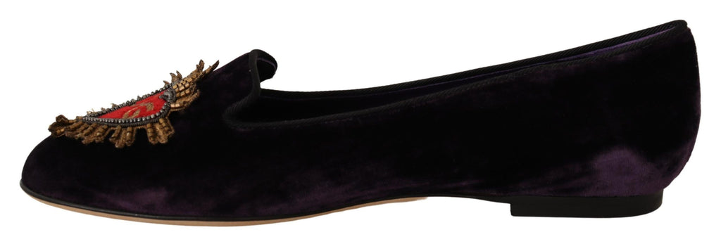 Dolce & Gabbana Purple Velvet DG Heart Loafers Flats Shoes - Zeiniez
