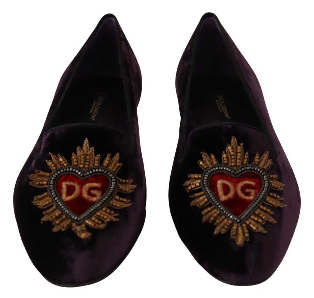 Dolce & Gabbana Purple Velvet DG Heart Loafers Flats Shoes - Zeiniez