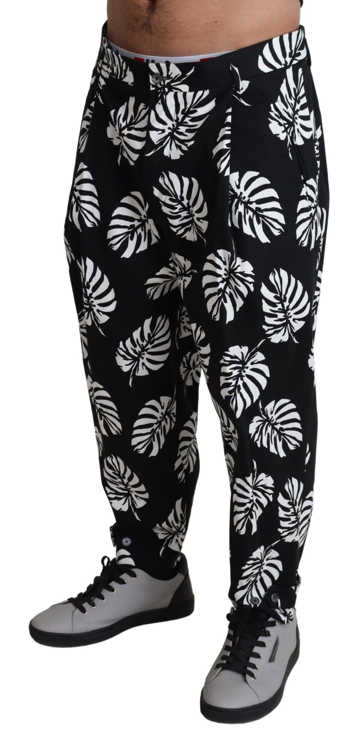 Dolce & Gabbana Black Leaf Cotton Stretch Trouser Pants Pants - Zeiniez