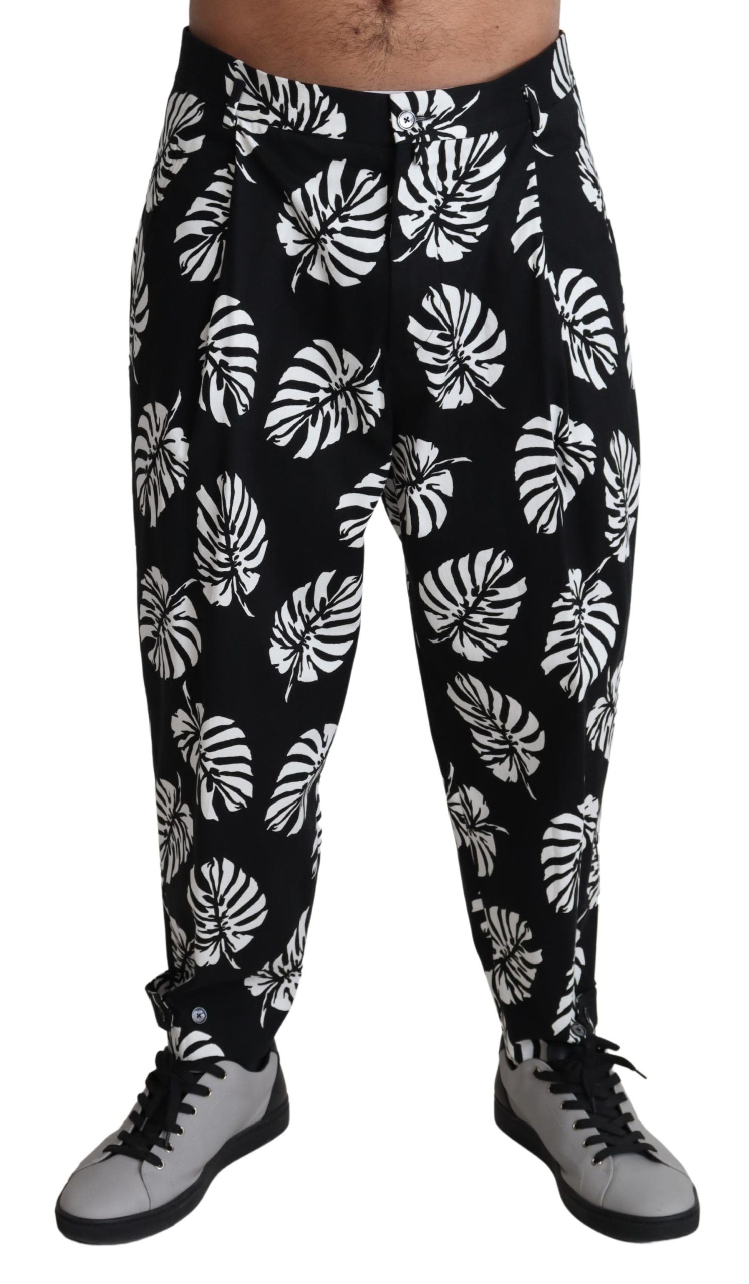 Dolce & Gabbana Black Leaf Cotton Stretch Trouser Pants Pants - Zeiniez