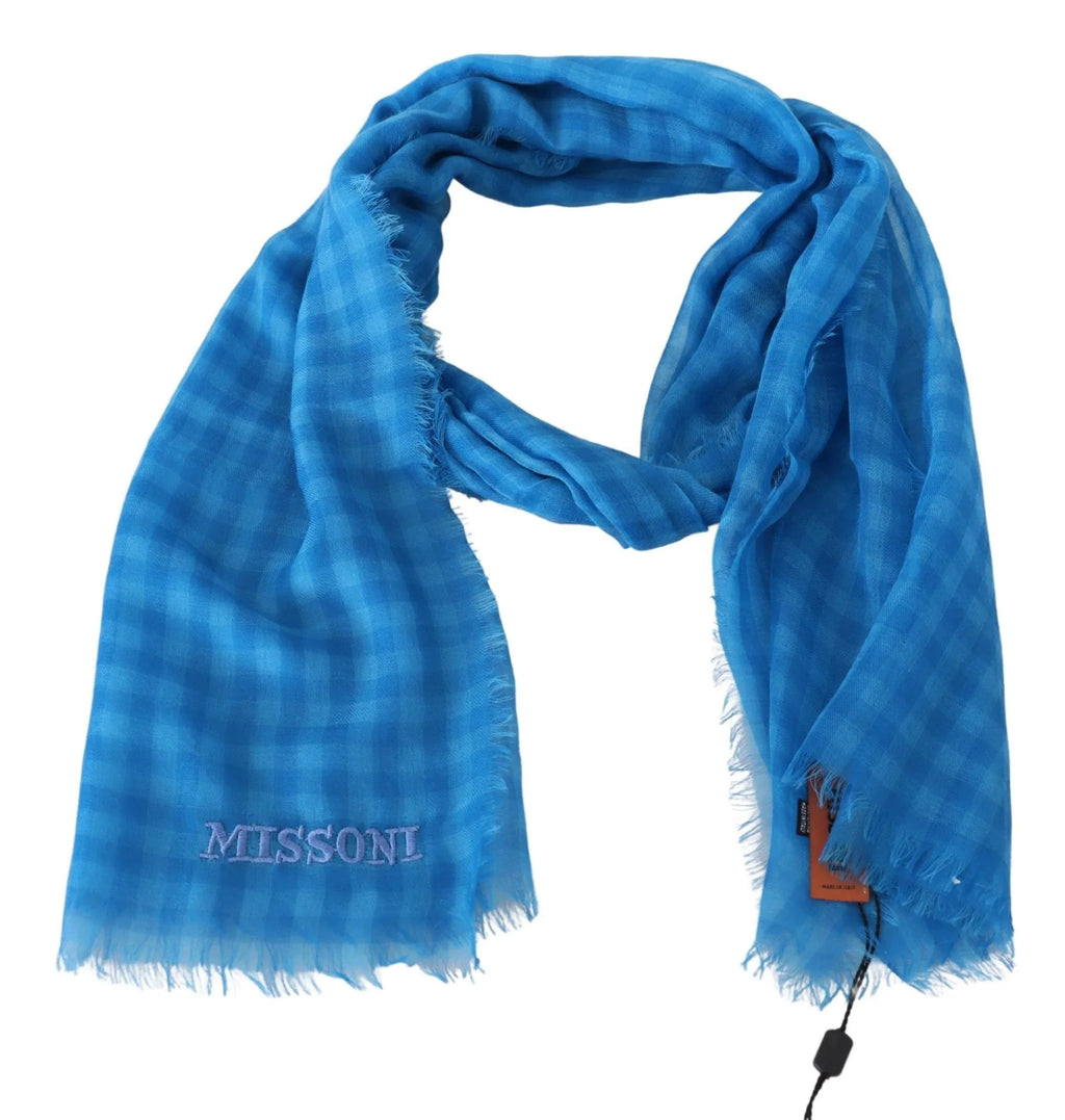 Missoni Blue Checkered Cashmere Unisex Wrap Fringes Scarf - Zeiniez