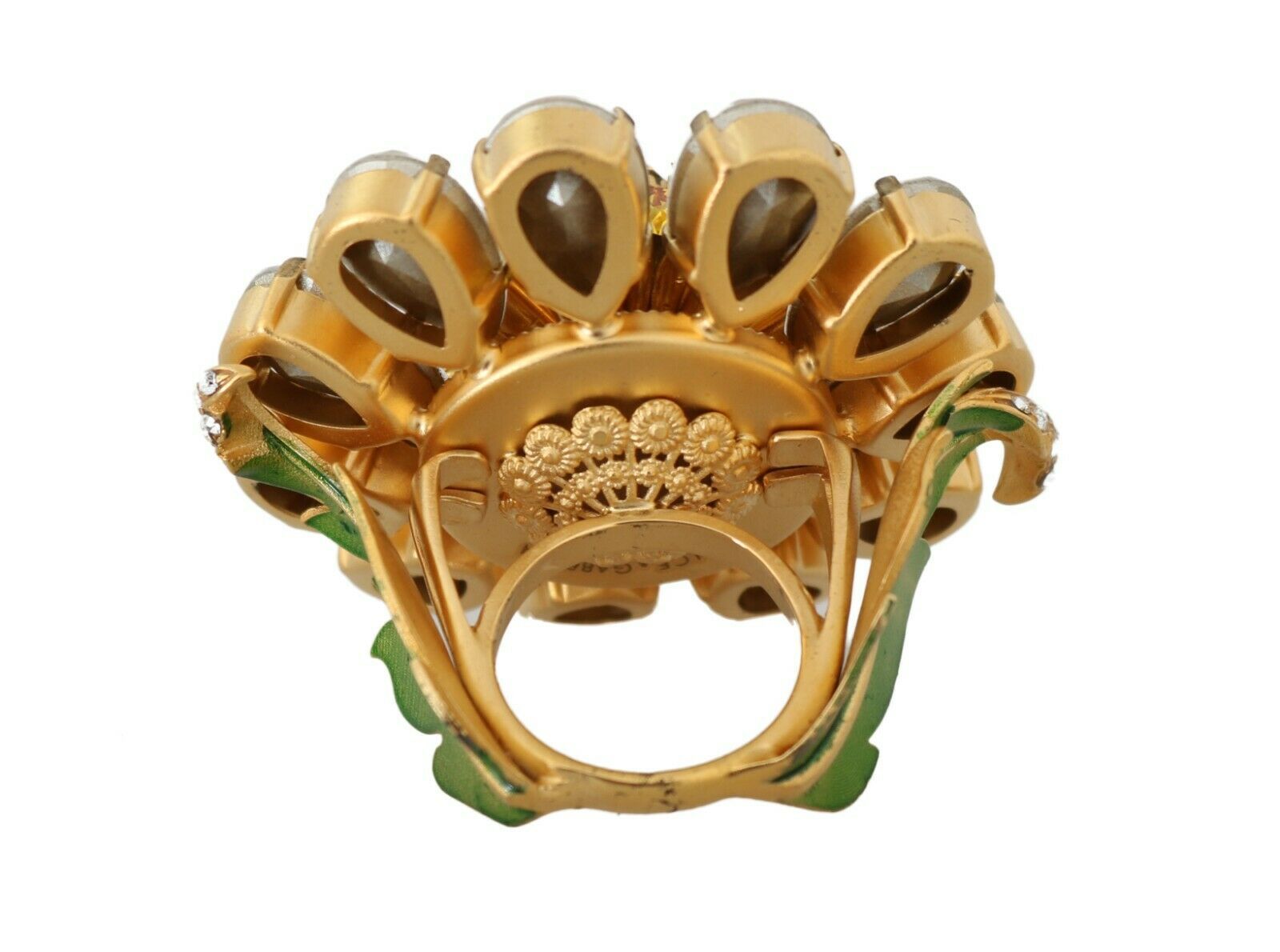 Dolce & Gabbana Gold Brass Yellow Crystal Flower Ring - Zeiniez