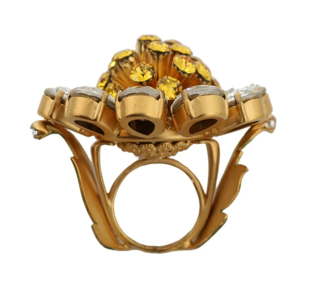 Dolce & Gabbana Gold Brass Yellow Crystal Flower Ring - Zeiniez