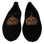 Dolce & Gabbana Black Leather Crystal Gold Crown Loafers Shoes - Zeiniez